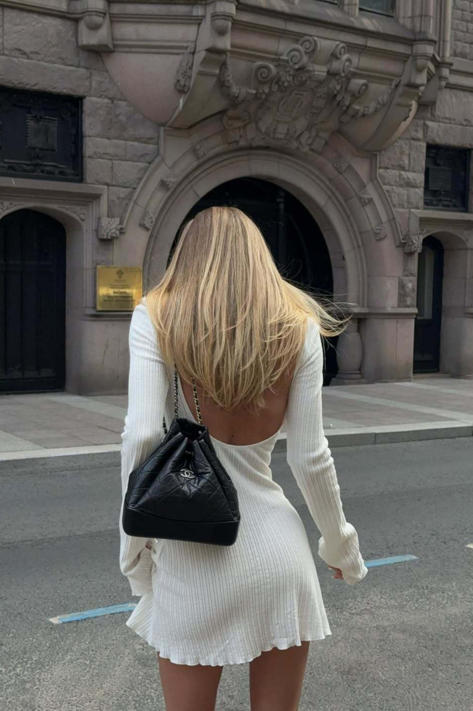Ribbed Knit Bell Sleeve Deep Open Back Bodycon Mini Dress