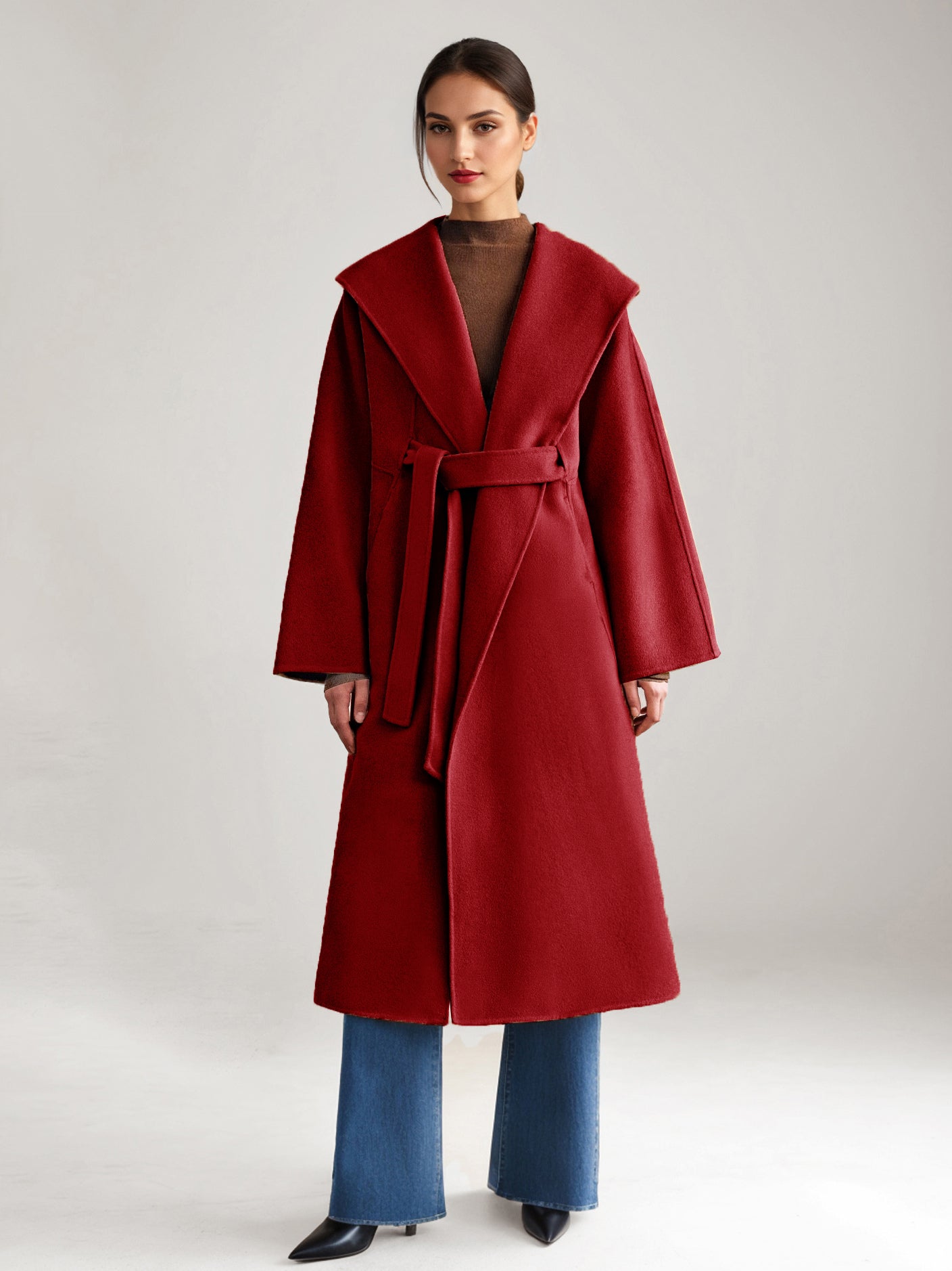 Wool Cashmere Blend Coat White Wide Lapel Double-Faced Belted Winter Outerwear For Women 2026