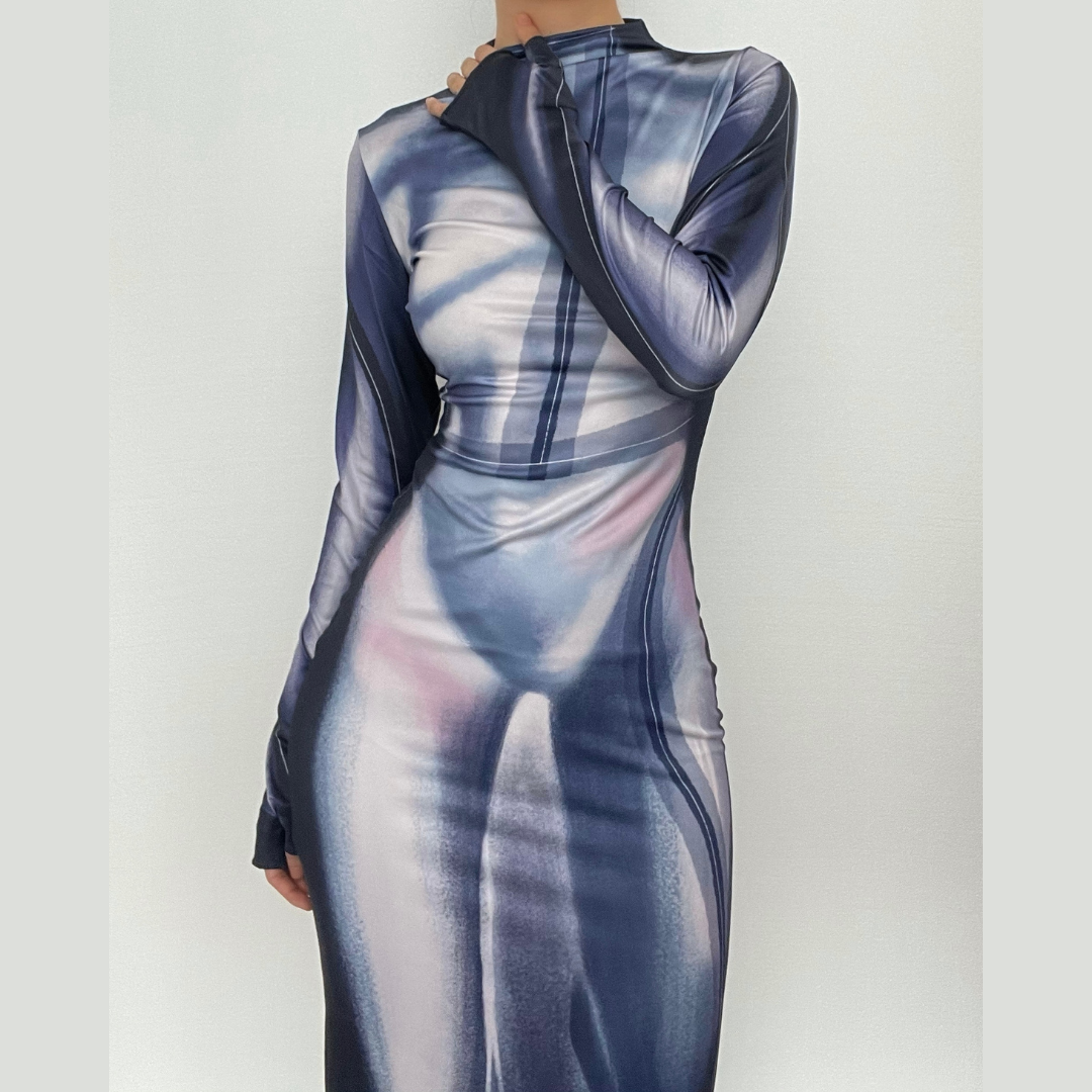 Mock Neck Long Sleeve Thumbhole Bikini Silhouette Body Print Bodycon Maxi Dress