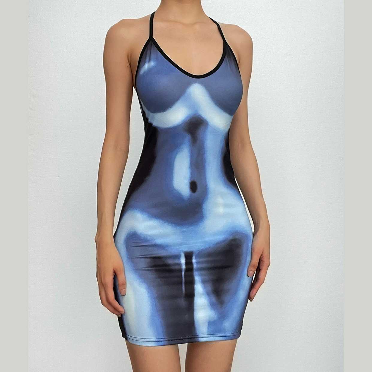 Abstract Body Print Halter Neck Self Tie Backless Mini Dress