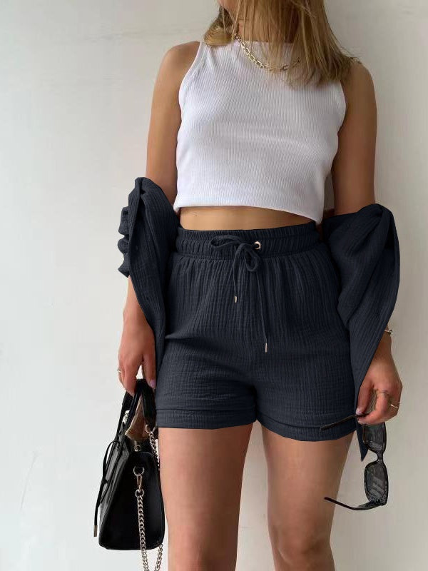 Long-sleeved Shirt And High-waisted Drawstring Shorts Casual Two-piece Set