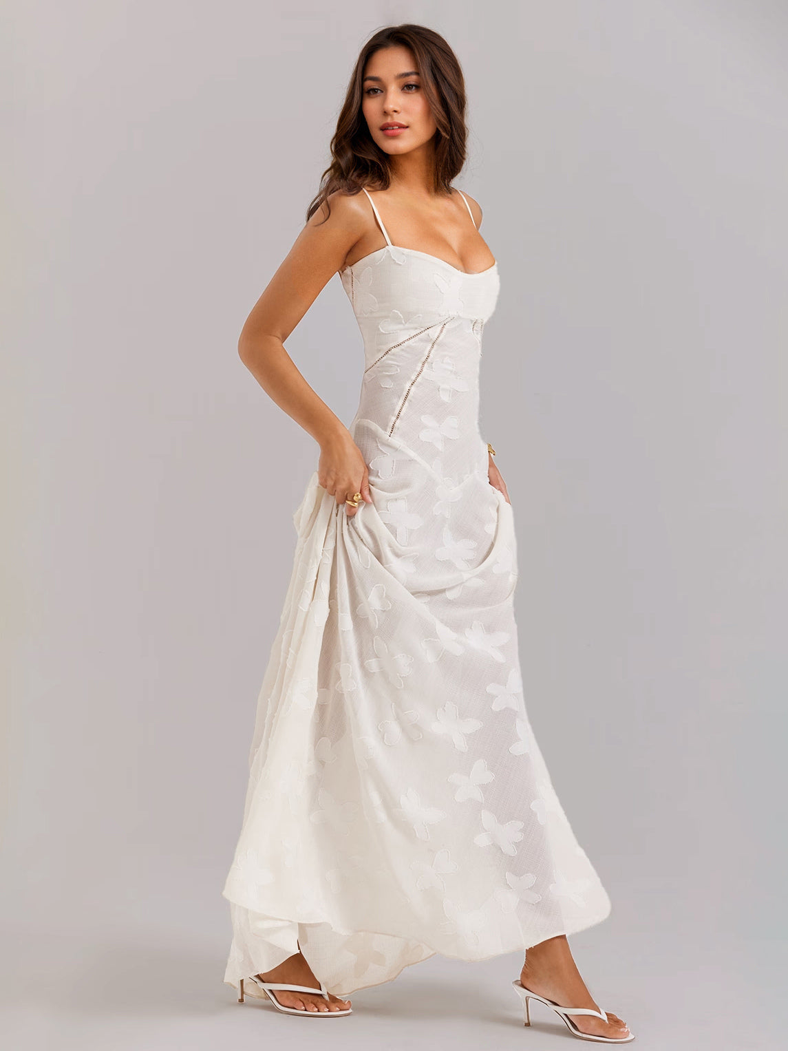Boho Jacquard Sheer Maxi Dress for Women - Cream White Lace-up Back Slim Fit A-Line Flowy Cami Gown - Summer Beach Party 2026