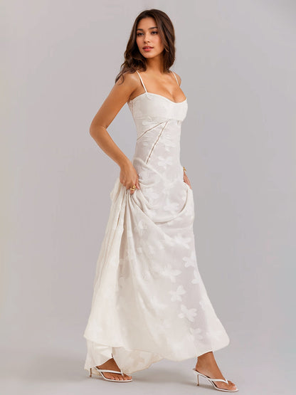 Boho Jacquard Sheer Maxi Dress for Women - Cream White Lace-up Back Slim Fit A-Line Flowy Cami Gown - Summer Beach Party 2026