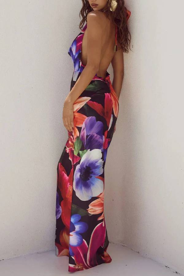 Sexy Open-Back Lace-Up Print Dress