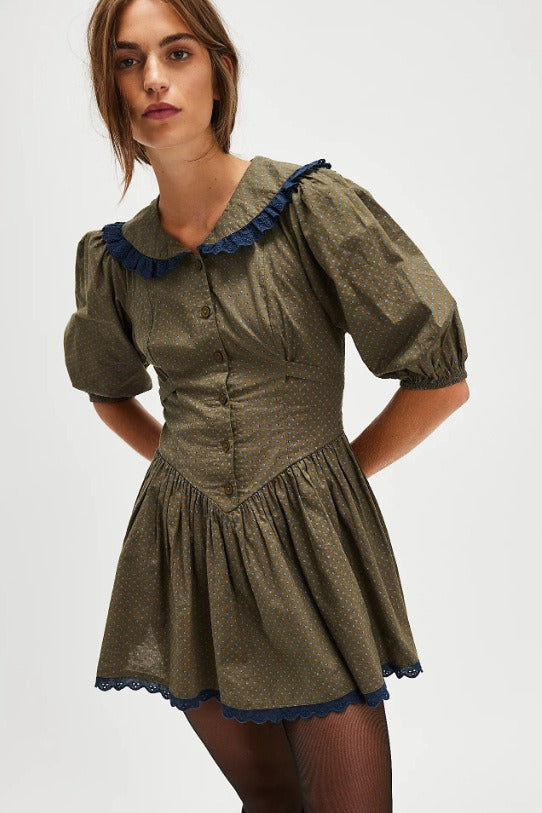 Ditsy Floral Peter Pan Collar Puff Sleeve Button Front Mini Dress