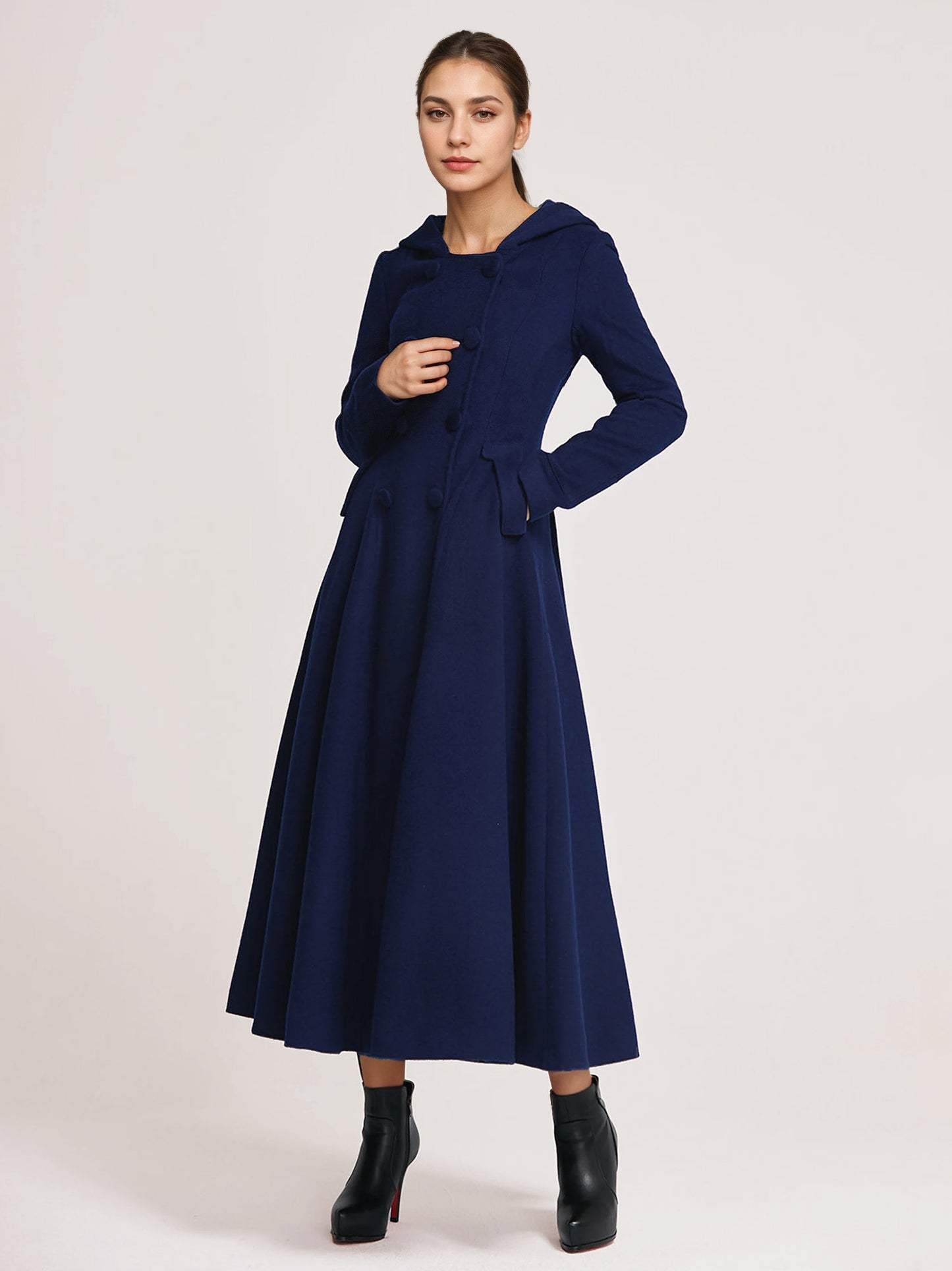 Woolen Flared Coat With Hood Dark Navy Double-breasted Elegant A-line Winter Long Outerwear For Women 2026