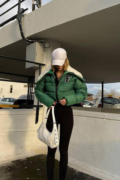 Polar Fleece Patchwork Faux Fur Collar Puffer Jacket