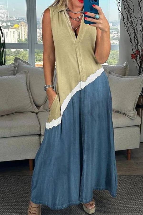 V Neck Sleeveless Color Block Printed Maxi Swing Dress
