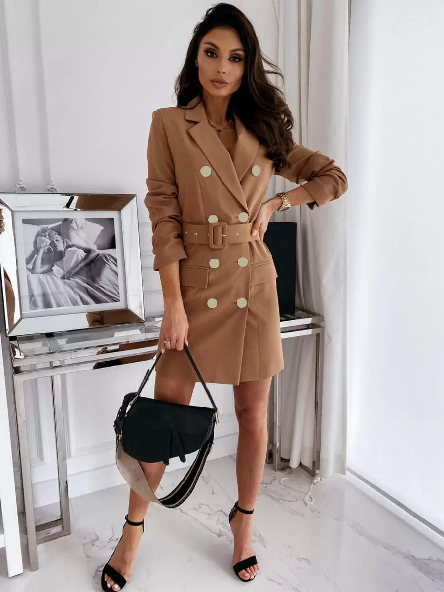 Blazer Dress White Double Breasted Solid Color Slim Fit Casual Belt Spring Fall Outerwear For Women