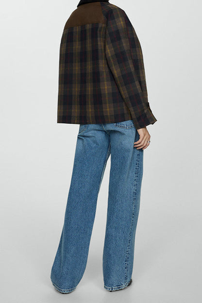 Plaid Faux Fur Collar Zip Decorative Button Coat