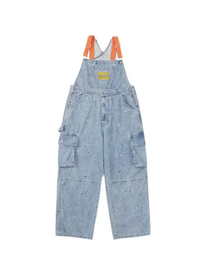 Vintage Big Pocket Splash Ink Print Overalls