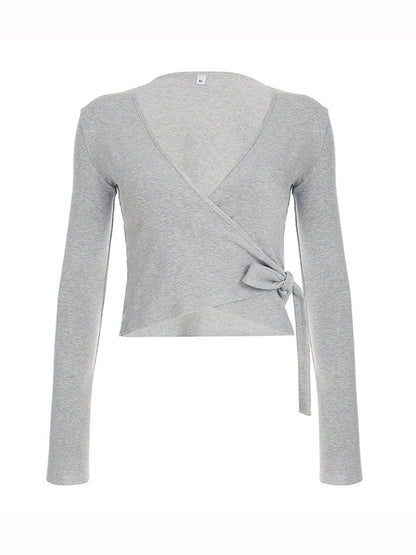 Solid Color Y2k V Neck Long Sleeves Tee