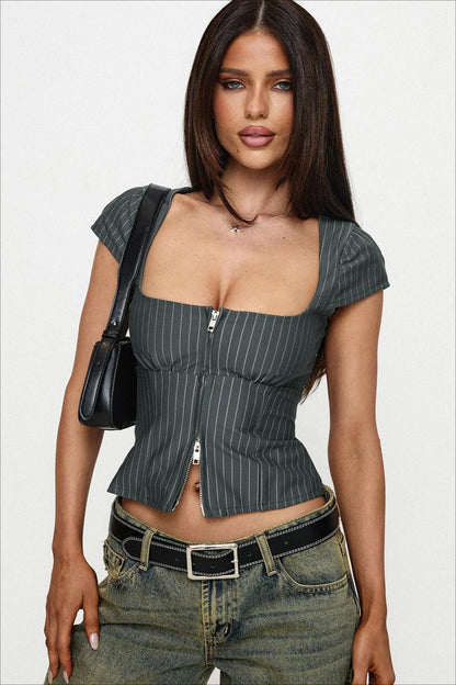 Vintage Square Neck Two Way Zip Stripe Crop Top