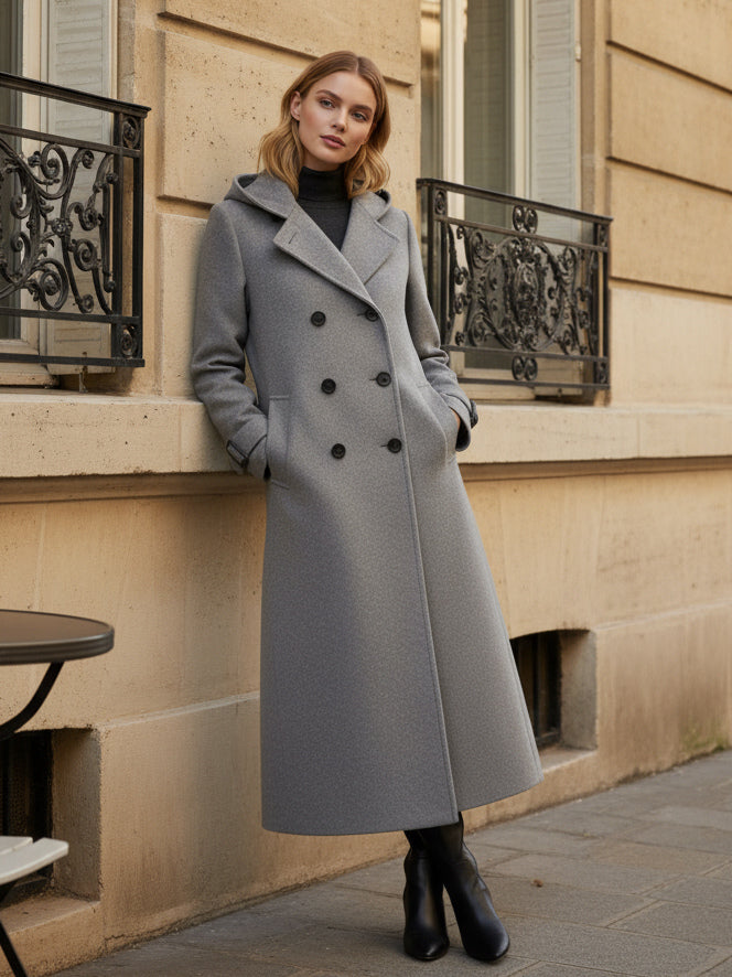 Hooded Double-Breasted Long Woolen Coat With Cuff Tabs For Women 2026