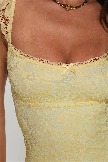 Square Neck Ruffle Strap Bow Detail Scalloped Lace Mini Dress