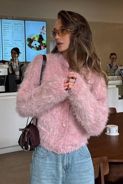 Solid Color Button-Up Faux Fur Knit Sweater
