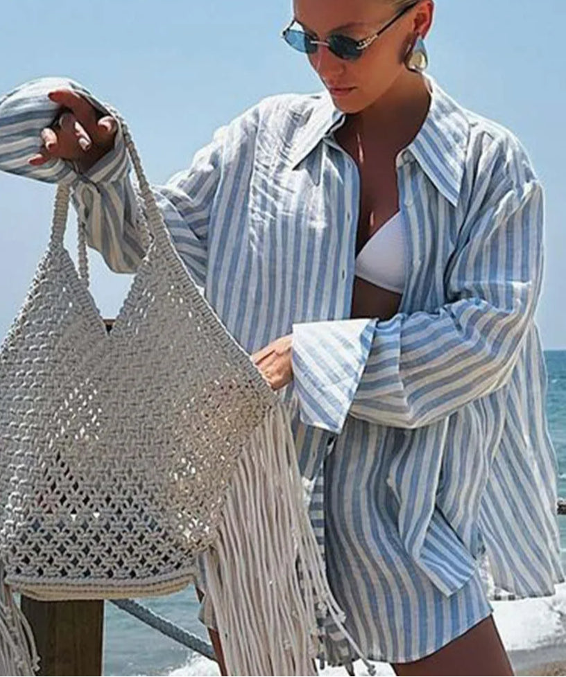 Blue Print Single Breasted Shorts Office Two Piece Set