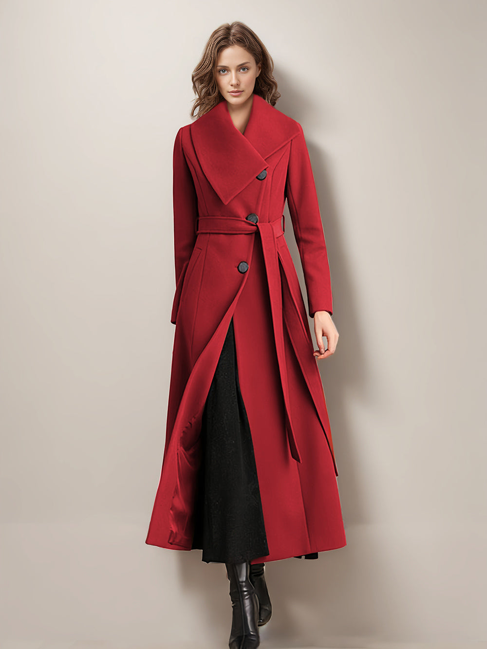 Long Coat For Woman Red Belted Wide Collar Warm Winter Outerwear 2026