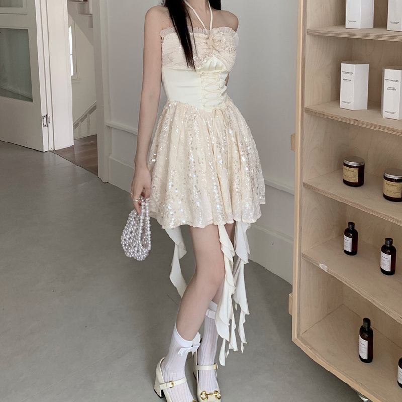 Glitter halter ruffle lace up mini dress