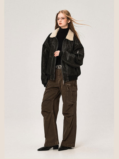 PU Leather Jacket with Lamb Wool Collar