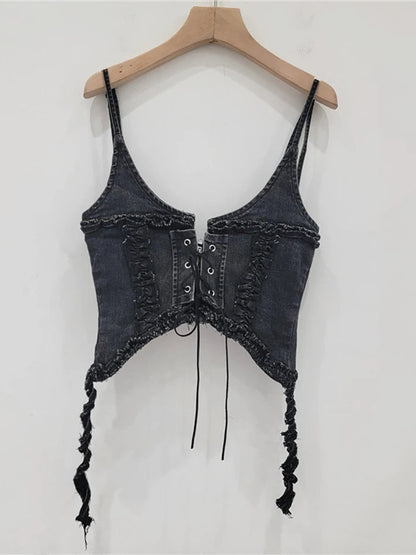 Lace up Spaghetti Strap denim top