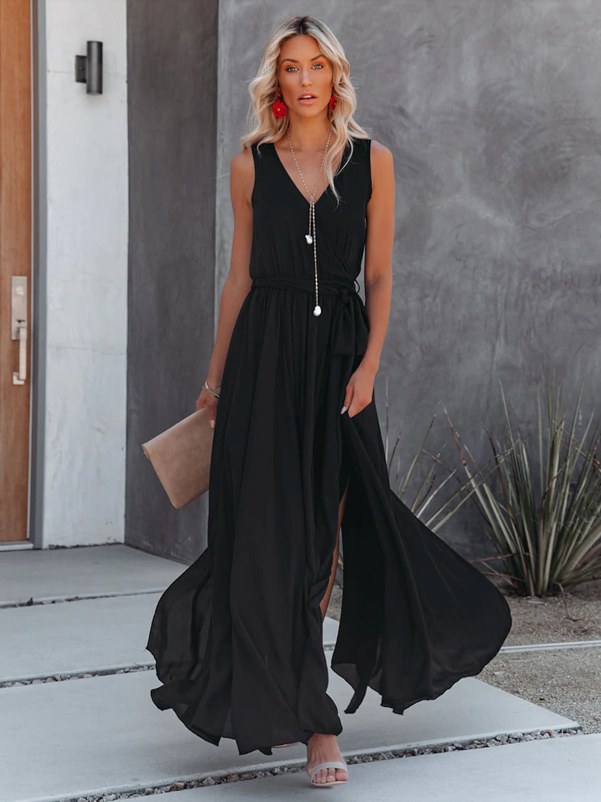 Minimalist Maxi Dress for Women - Black Sleeveless V Neck Side Split Belted Boho Dress - Summer Beach Party 2026
