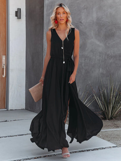 Minimalist Maxi Dress for Women - Black Sleeveless V Neck Side Split Belted Boho Dress - Summer Beach Party 2026