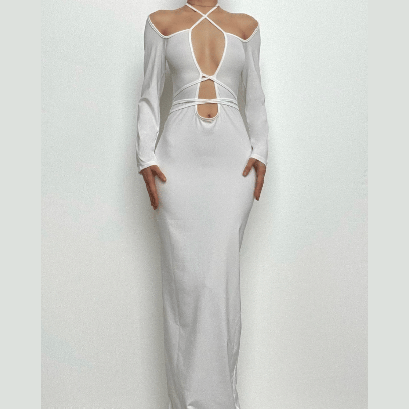 Hollow out self tie solid long sleeve cross front cut out maxi dress
