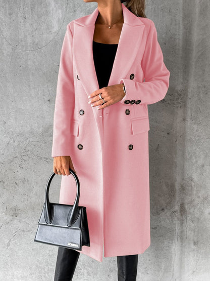 Long Sleeves, Lapel, Solid Color, Double-breasted, Slim Fit Coats