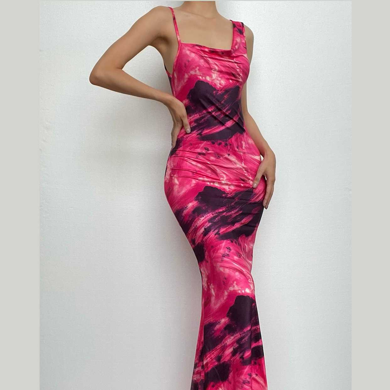 Contrast irregular cowl neck sleeveless backless maxi dress-final-sale