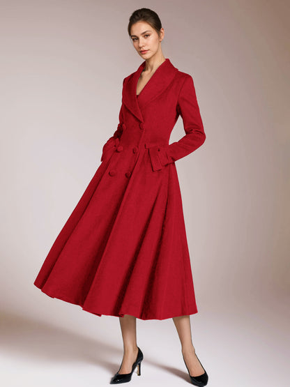 Burgundy Woolen Flared Coat Vintage Shawl Collar Double-breasted Winter A-line Outerwear For Women 2026