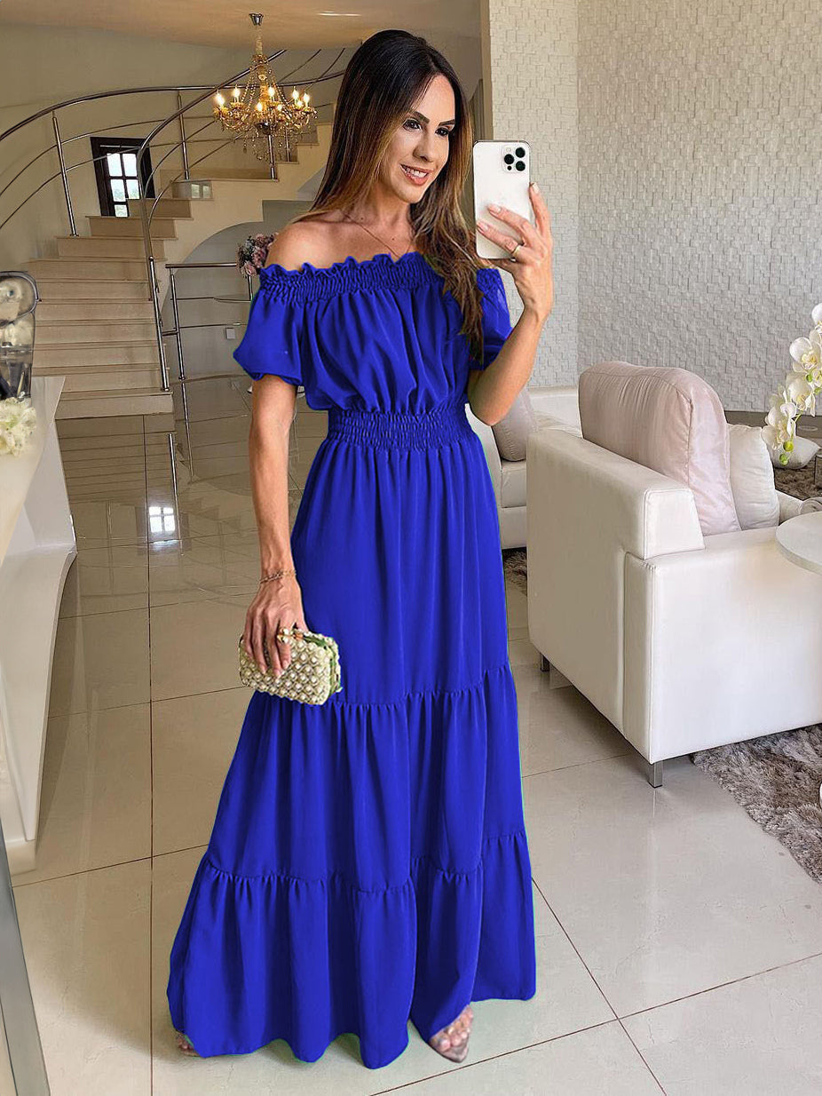 Off Shoulder Smocked Maxi Dress For Women - Boho Tiered A-Line Beach Gown with Puffy Sleeves - Summer Vacation 2026