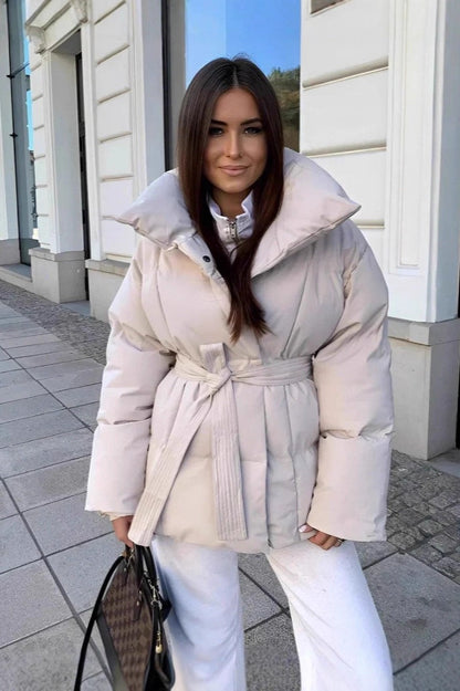 Oversized Solid Color Belted Puffer Jacket