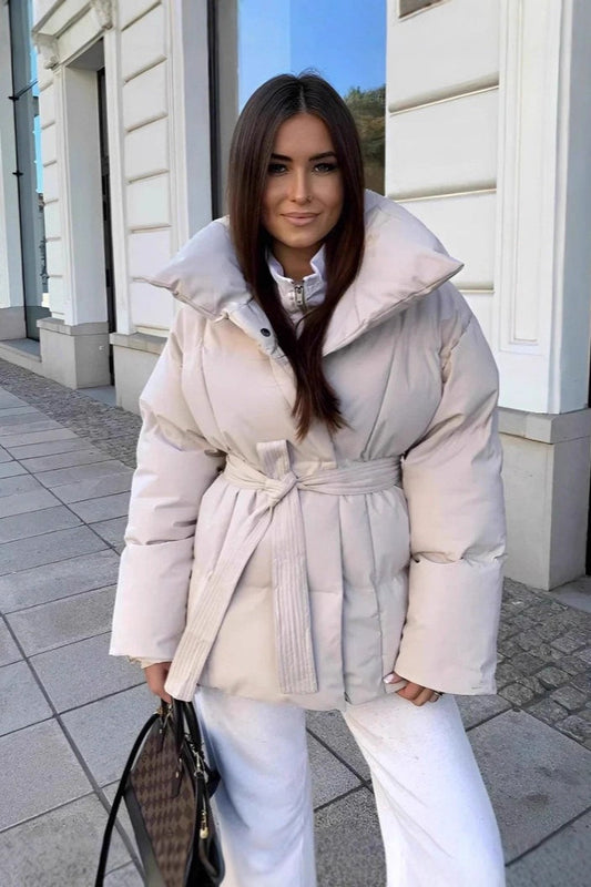 Oversized Solid Color Belted Puffer Jacket