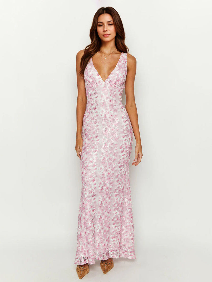 Sleeveless Lace Maxi Dress With Deep V-Neck And Open Back For Summer 2026