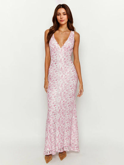 Sleeveless Lace Maxi Dress With Deep V-Neck And Open Back For Summer 2026