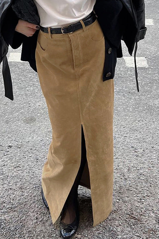 Vintage Suede Brown High Waist Split Midi Skirt