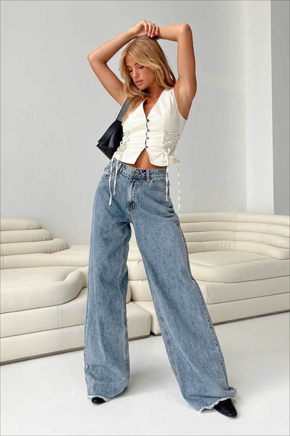 Relaxed Fit Raw Edge Dragging Jeans