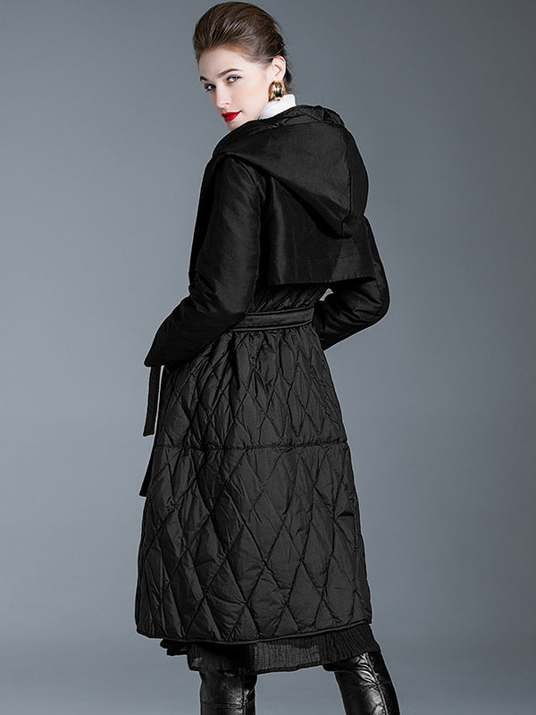Black Down Coat Hooded Belted Long Winter Outerwear For Women