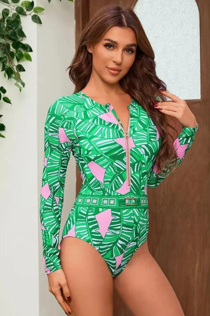 Green Zip Long Sleeve Printed Surf Swimsuit Set