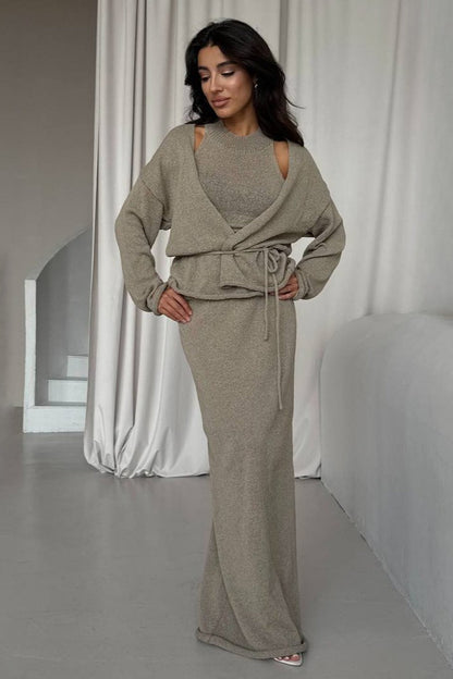 Chic Knit Vest & Bodycon Skirt with Belt Three Piece Set