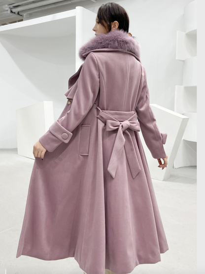 Full Length Flared Woolen Coat White Faux Fur Collar Classic Lapel Belted Slim A-line Winter Maxi Coat 2026
