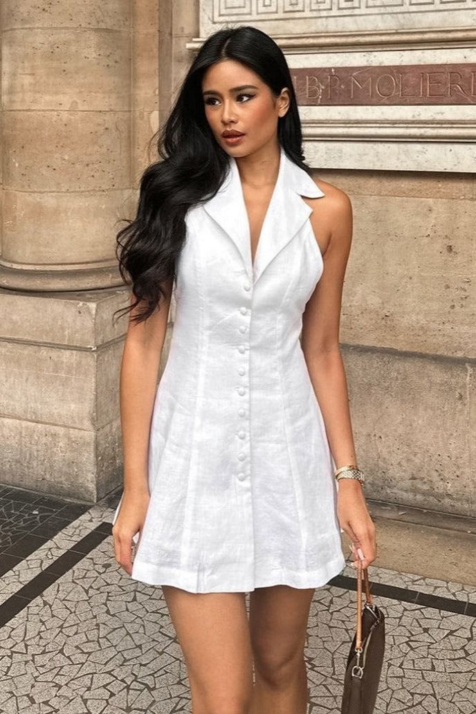 Halter Notched Lapel Button-Front Princess Seam A-Line Mini Dress