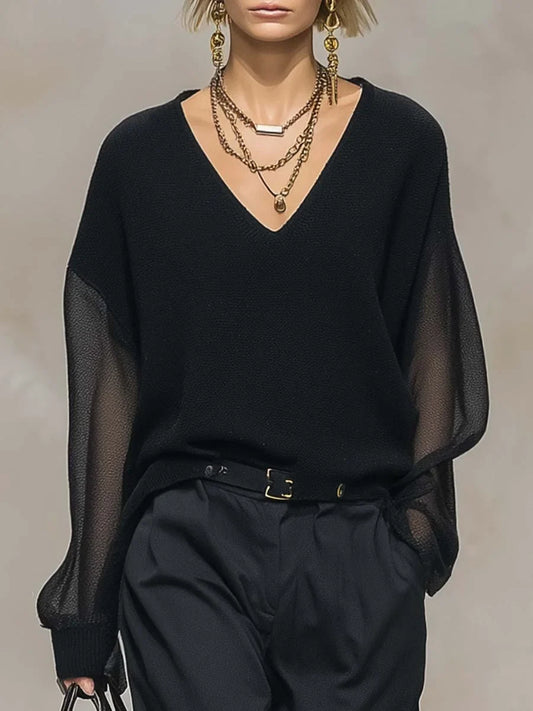 Women's Sheer V-Neck Long Sleeve Black Blouse – Breathable Loose Fit Top