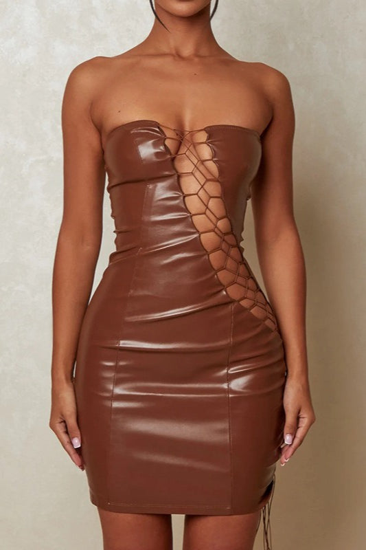 Strapless Faux Leather Criss Cross Lace Up Cut Out Bodycon Mini Dress