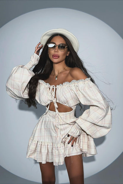 Plaid Lace Trim Off Shoulder Tie Front Puff Sleeve Smocked Mini Skirt Set