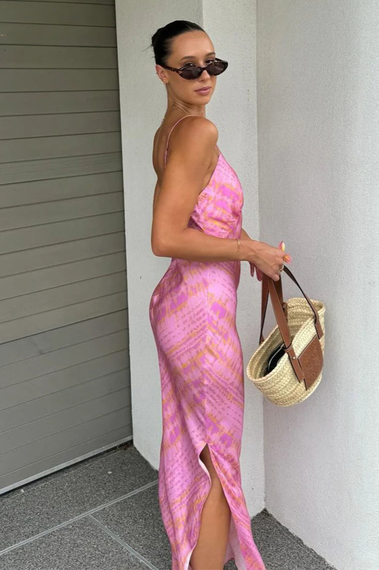 Spaghetti Strap Marble Print Satin Slip Backless High Slit Maxi Dress