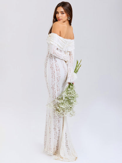 Black Floral Lace Maxi Dress Off Shoulder Bell Long Sleeve Mermaid Bodycon Dress For Women 2026