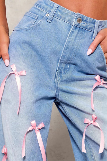 Bow Detail High Waist Wide Leg Jean
