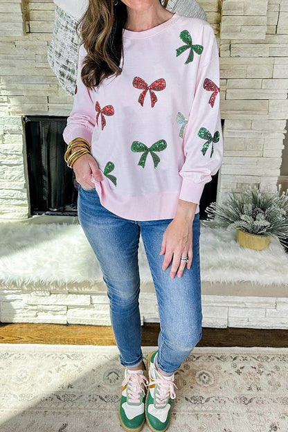 Christmas Sequined Bow Crew Neck Long-sleeved Loose Sweatshirt